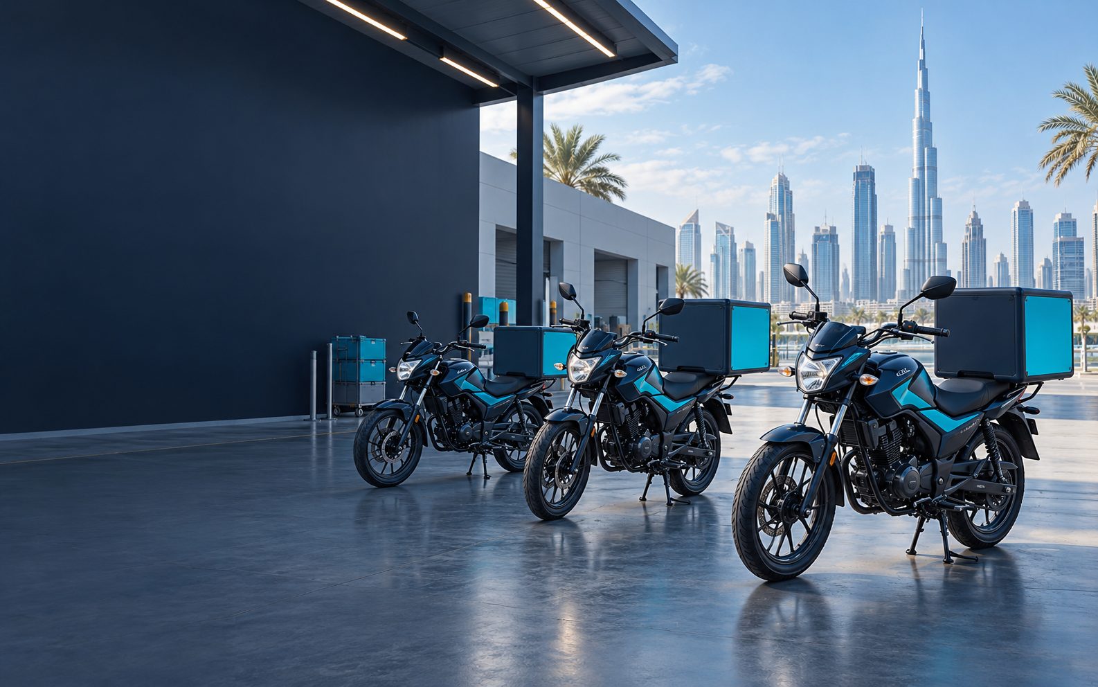 Illustration of a delivery motorcycle fleet in Dubai